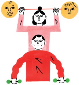 Illustration of a Woman Holding a Barbell with a Baby's Face, and a Man holding Dumbbells Beneath