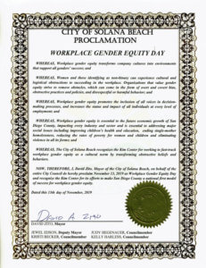 Proclamation from the City of Solana Beach for Workplace Gender Equity Day