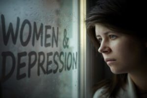 Woman Staring at a Window that says "Women & Depression"