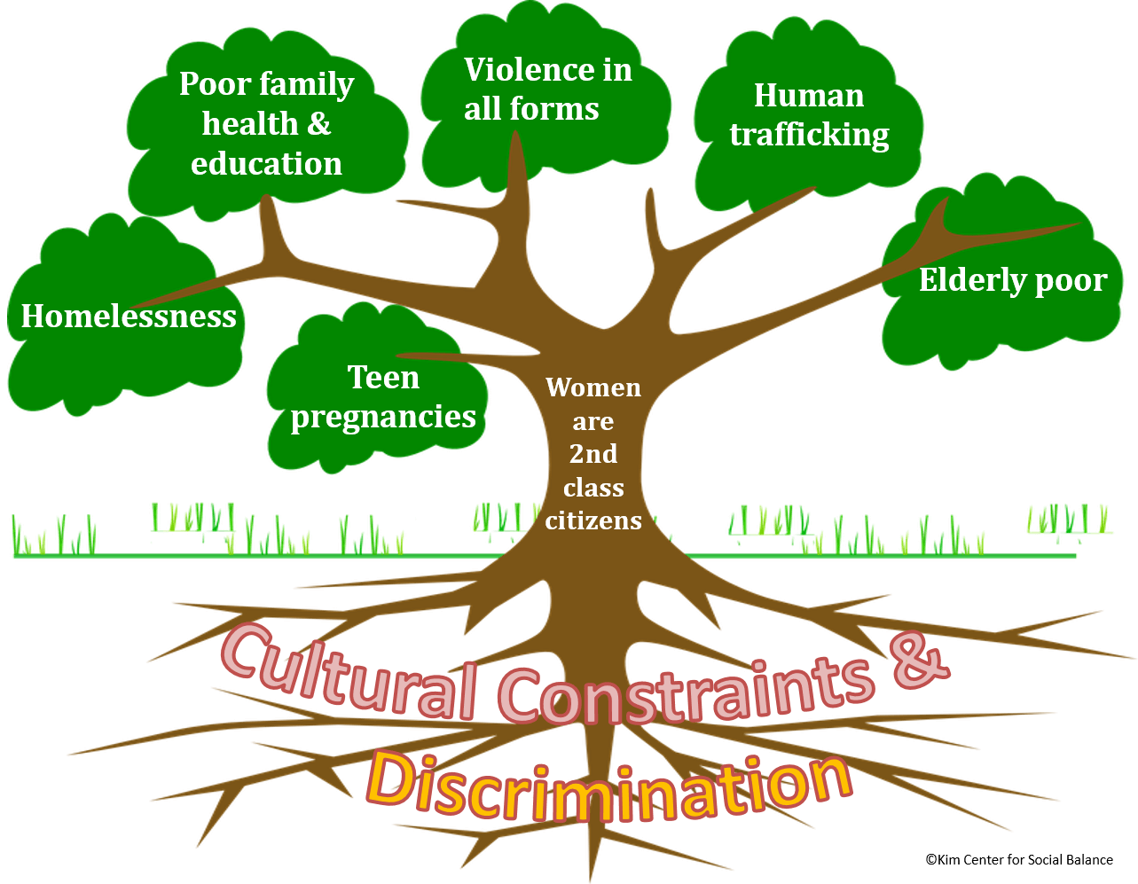 Tree with Cultural Constraints & Discrimination as the Roots, "Women have 2nd Class Status" as the Trunk, and Different Results in the Tree Leaves